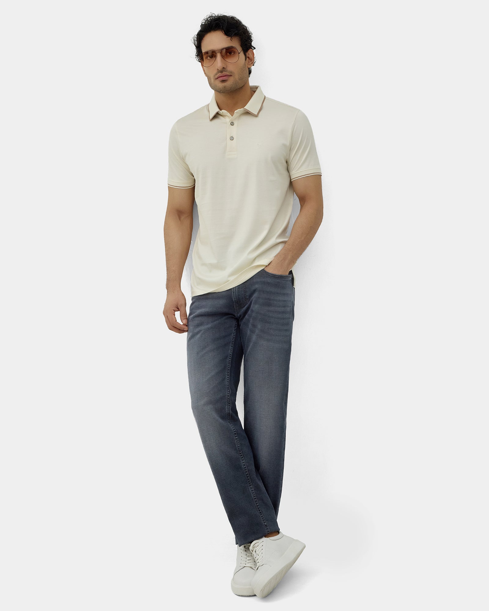Off White Solid Polo - Ae Ryun