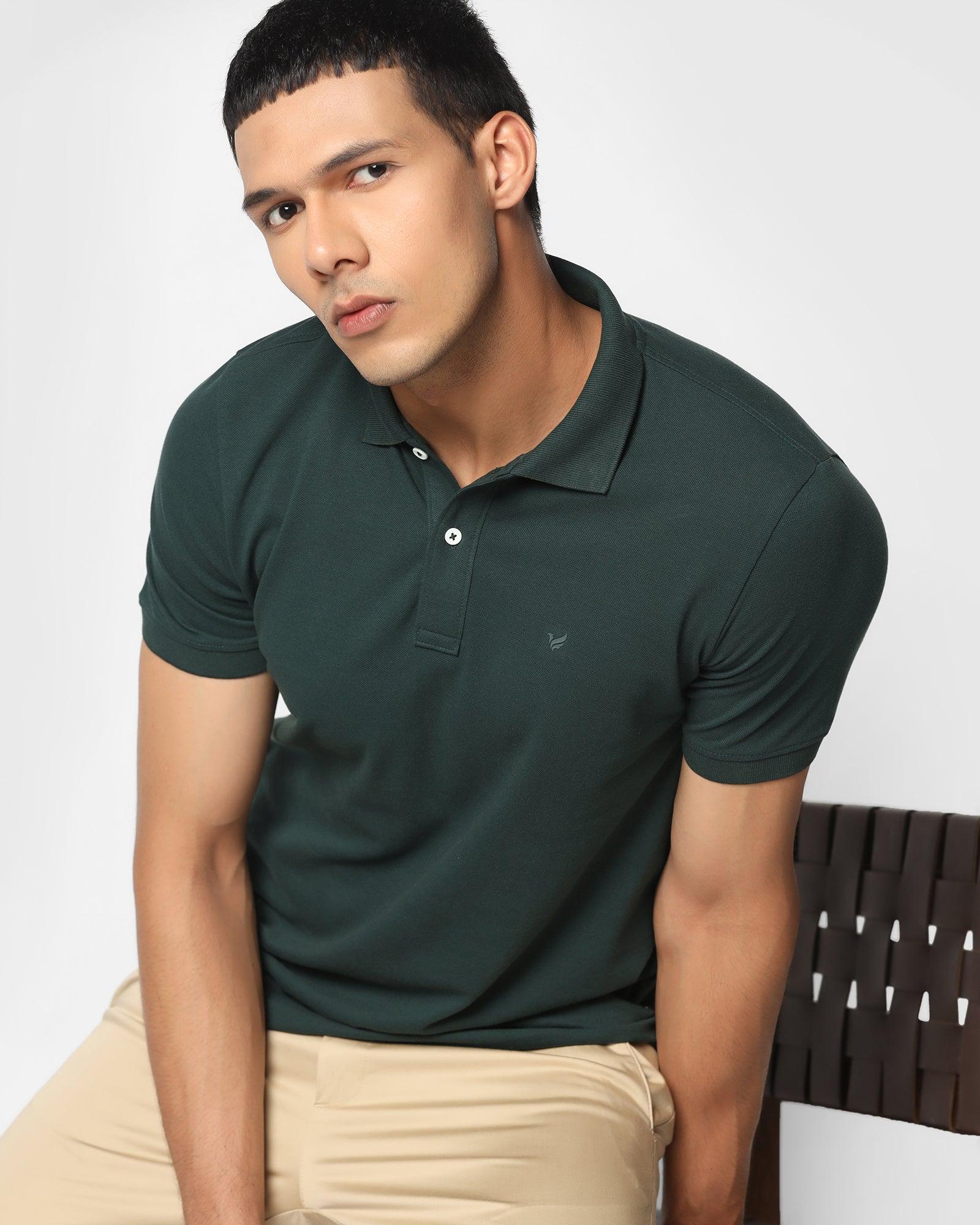 Men Green Solid Polo Neck T-shirt