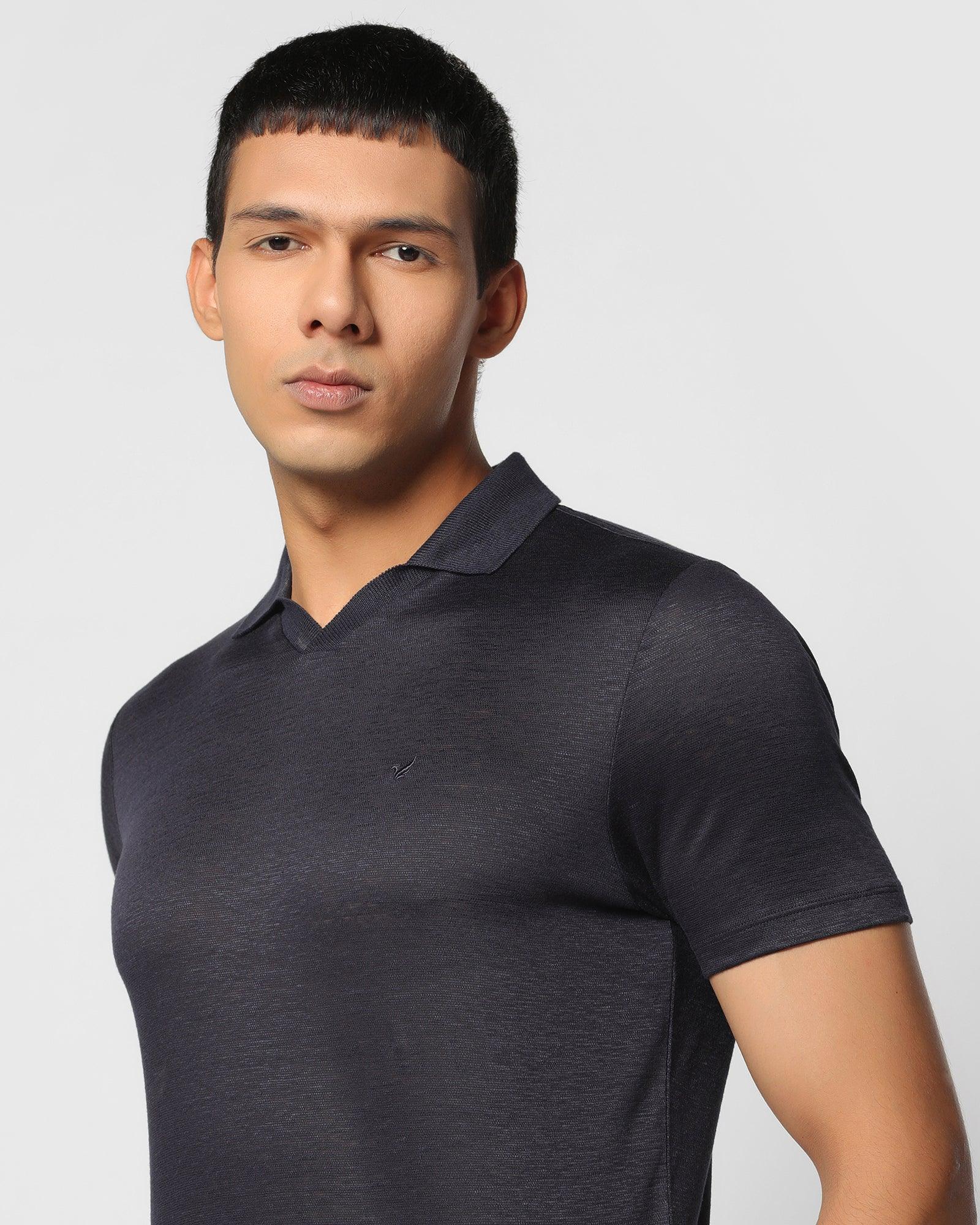 Linen Polo Navy Solid T Shirt - Sanor