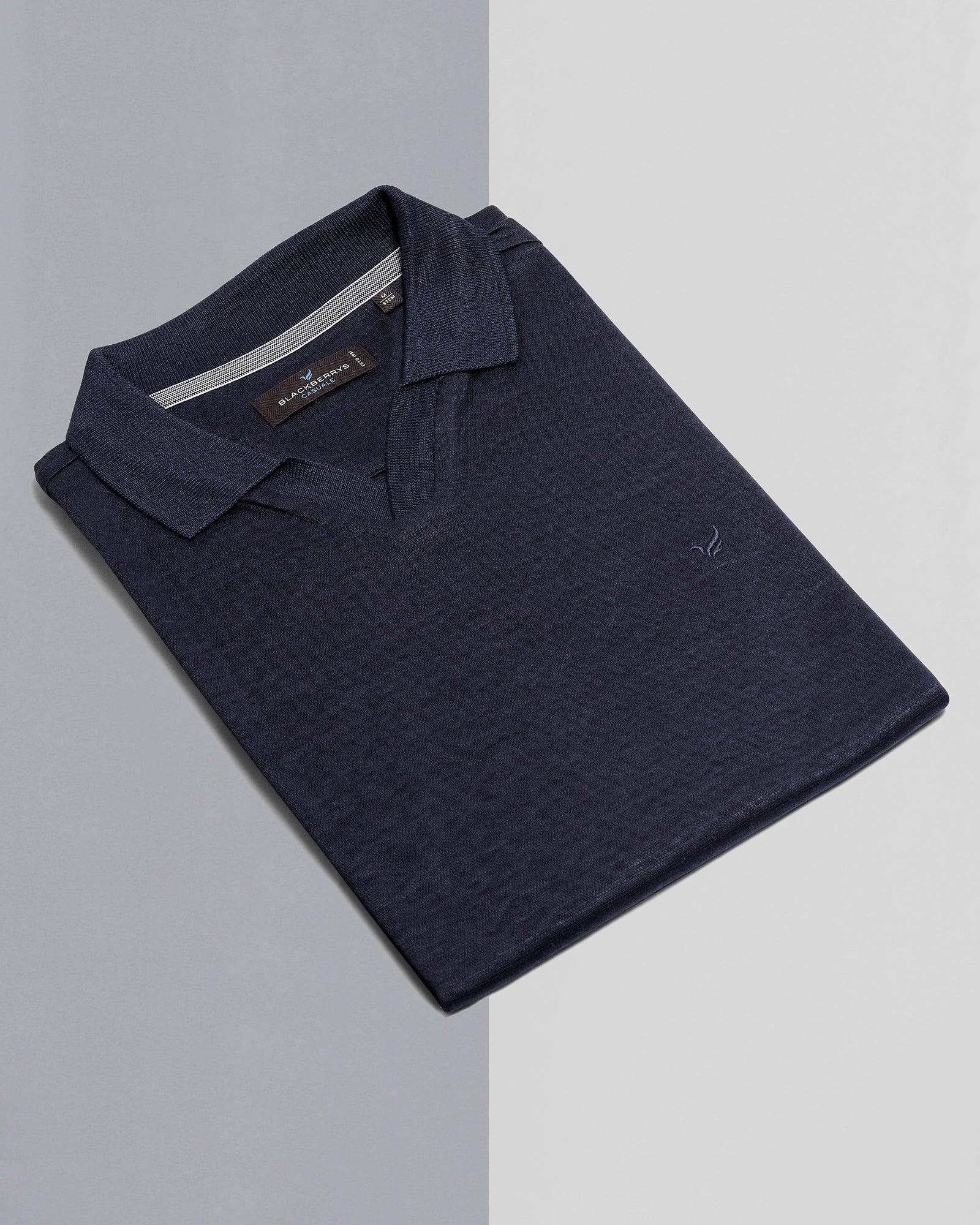 Linen Polo Navy Solid T Shirt - Sanor