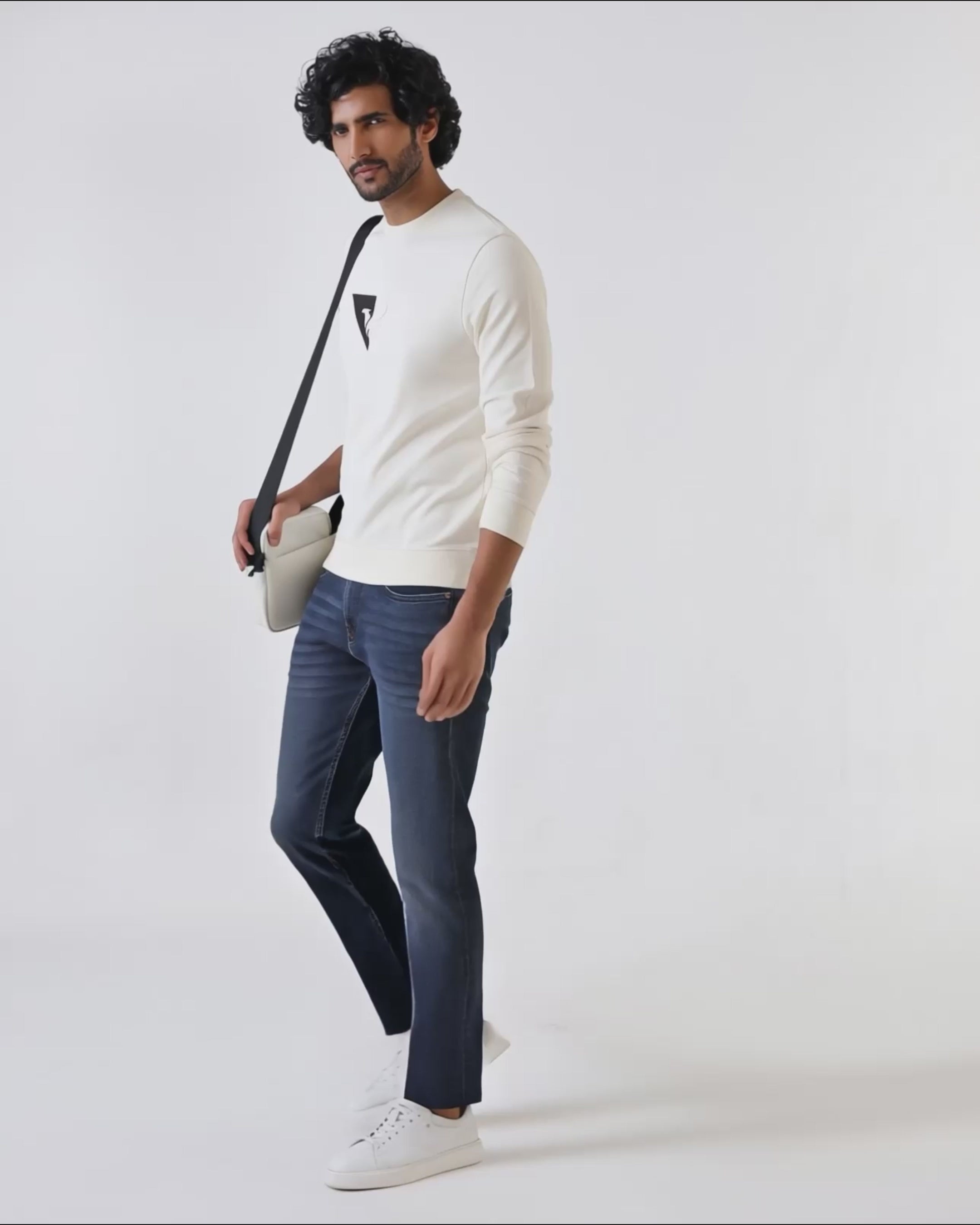 Off White Crew Neck Solid Sweatshirt - Bling Video