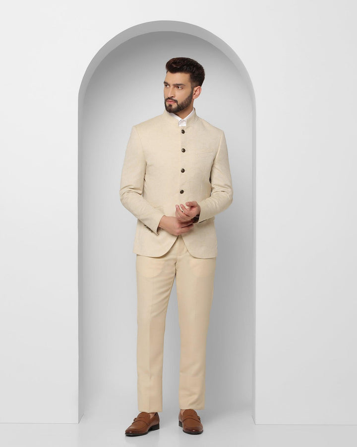 Bandhgala Two Piece Beige Printed Formal Suit - Edward