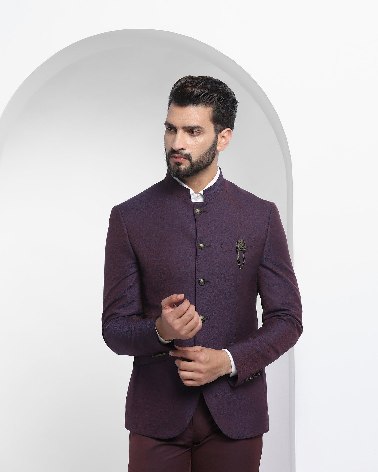 Bandhgala Two Piece Wine Printed Formal Suit - Paisey