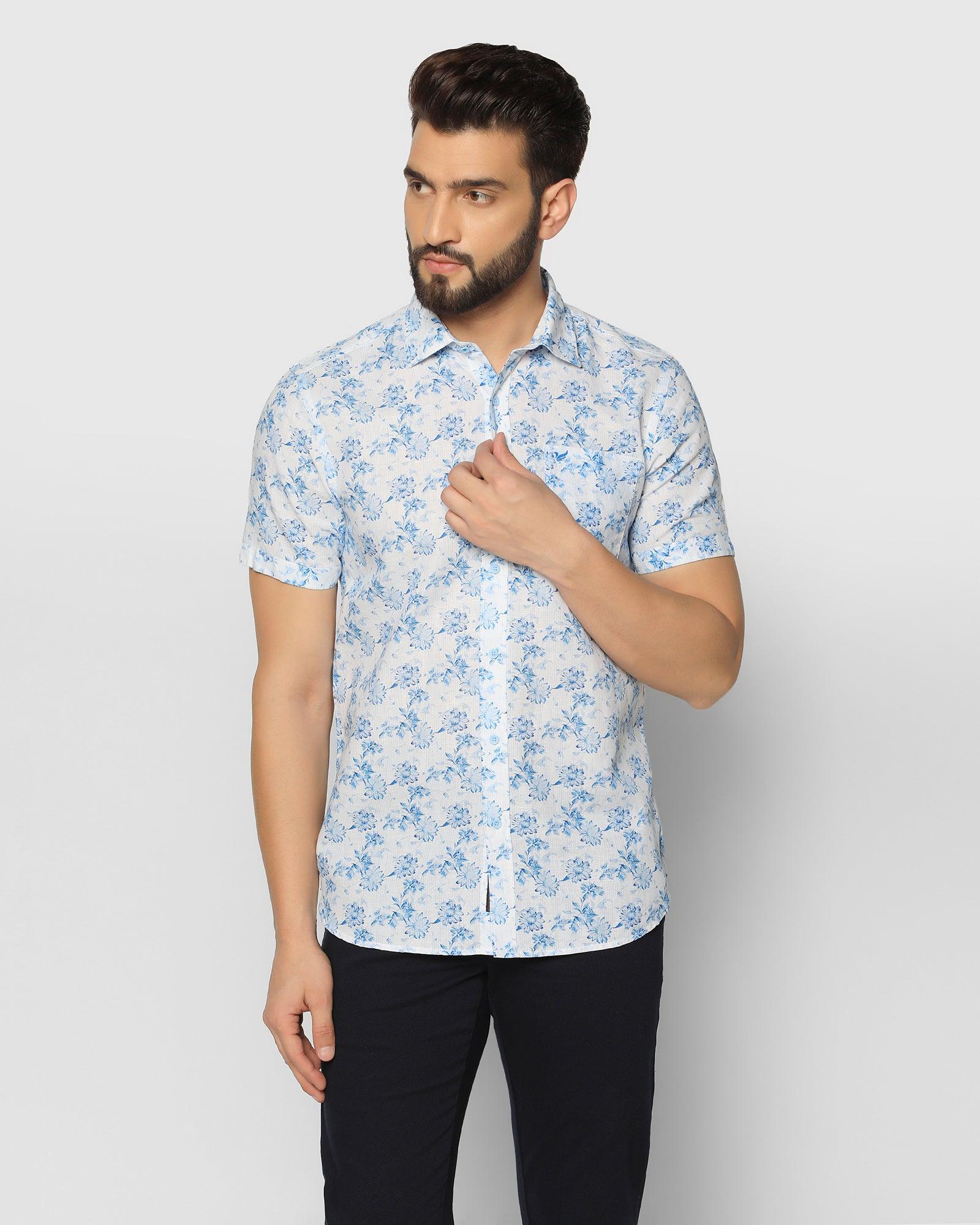 Linen Formal Half Sleeve Blue Printed Shirt - Fuji