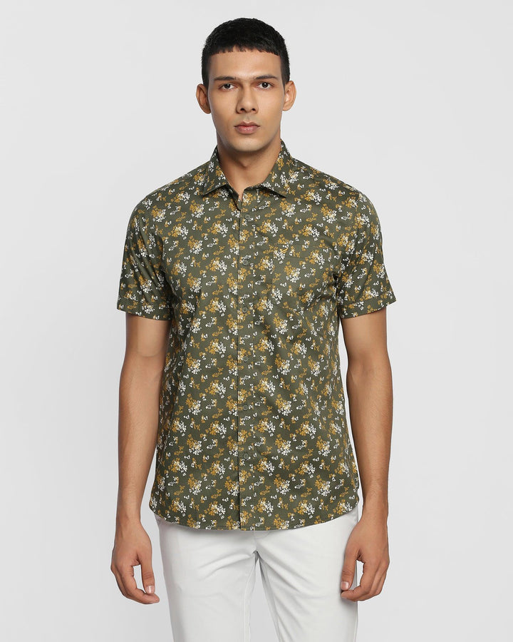 Formal Half Sleeve Olive Printed Shirt - Clady