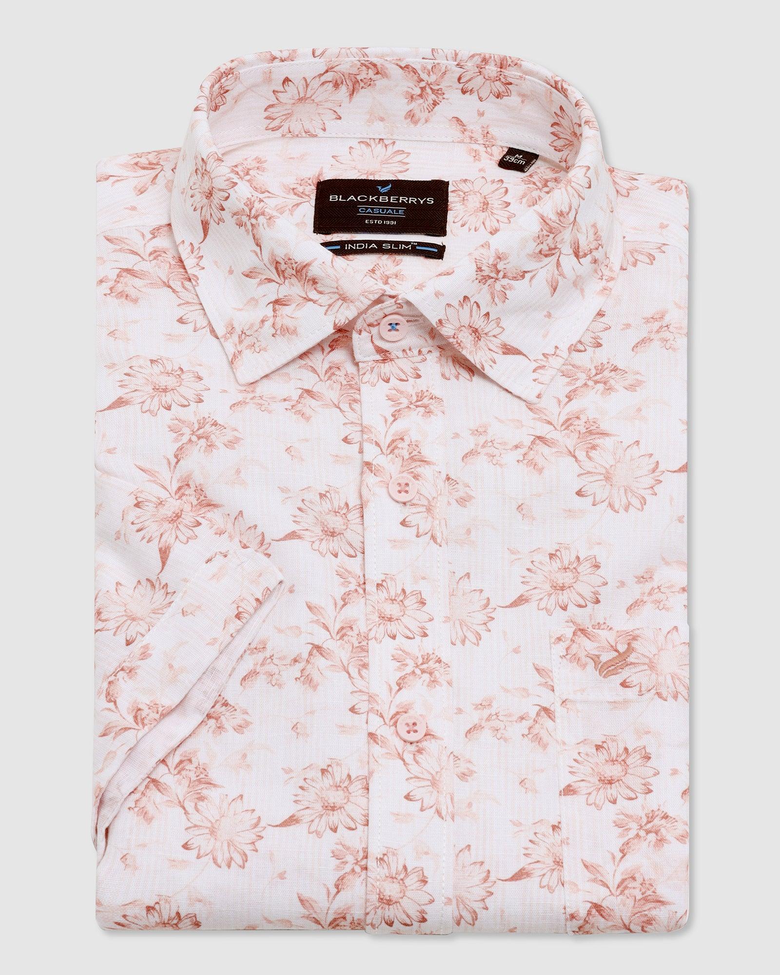 Linen Formal Half Sleeve Peach Printed Shirt - Fuji