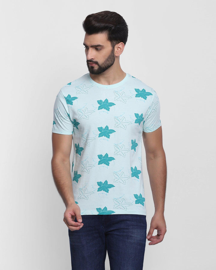 Crew Neck Aqua Printed T-Shirt - Pointelle