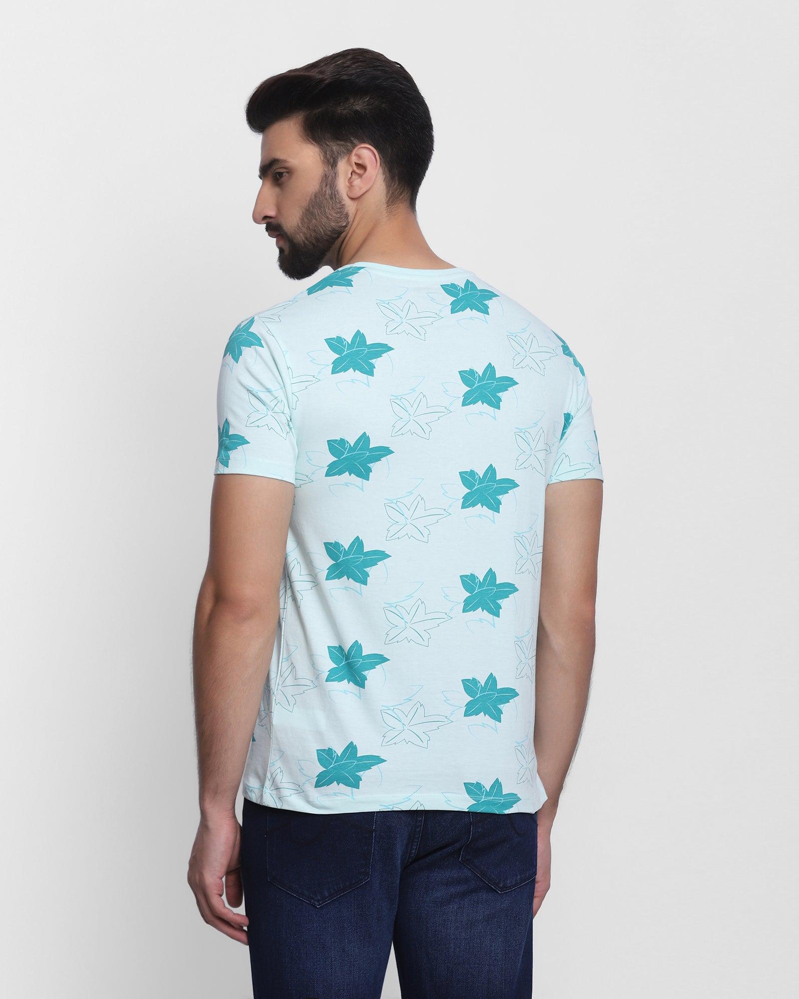Crew Neck Aqua Printed T Shirt - Pointelle