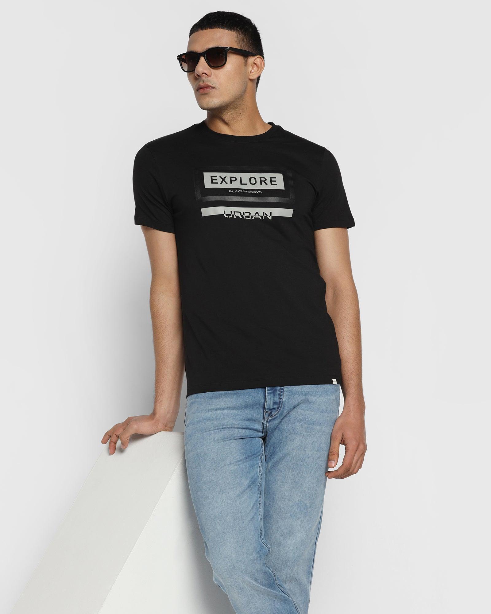 Crew Neck Black Printed T Shirt - Benett