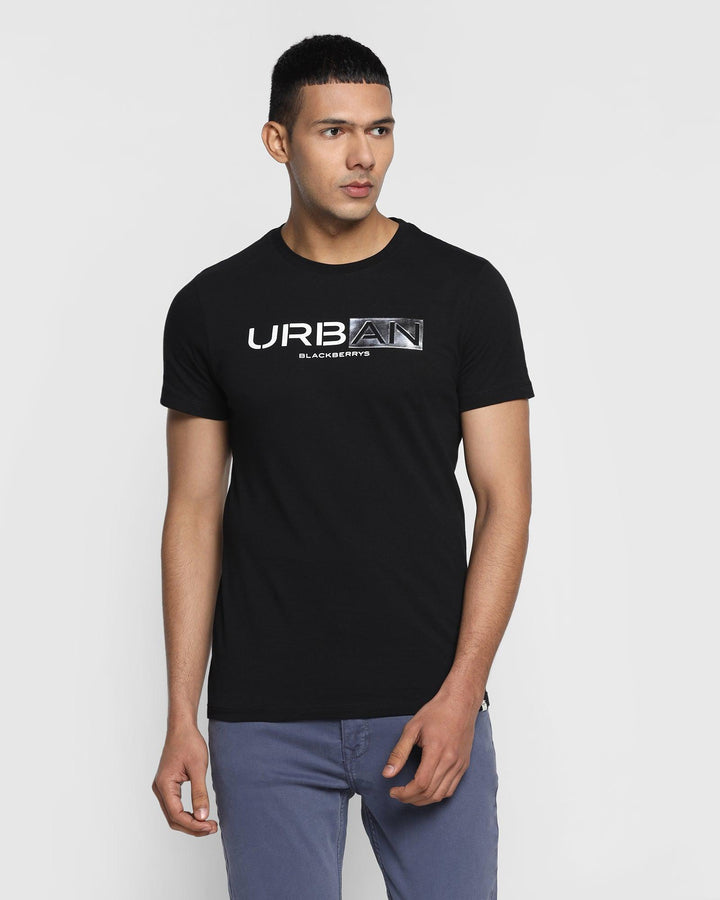 Crew Neck Black Printed T-Shirt - Calvin