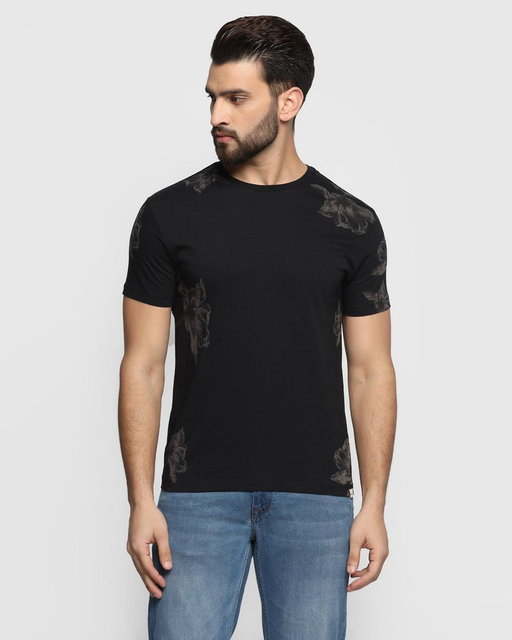 Crew Neck Black Printed T-Shirt - Dispersed