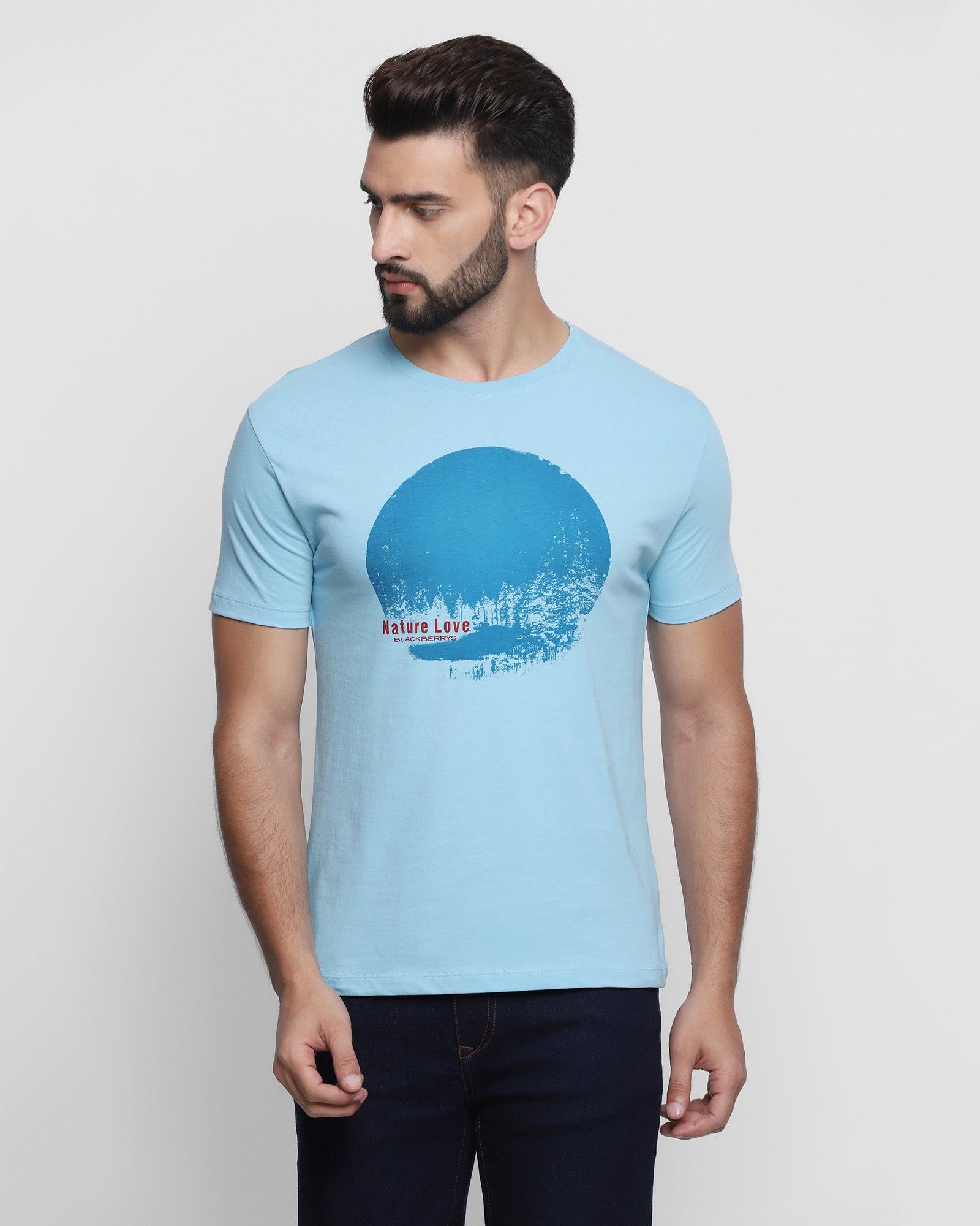 Crew Neck Light Blue Printed T Shirt - Forest