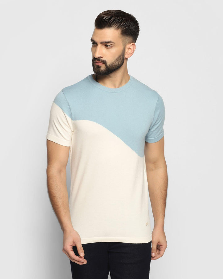 Crew Neck Blue & Tan Printed T-Shirt - Genny