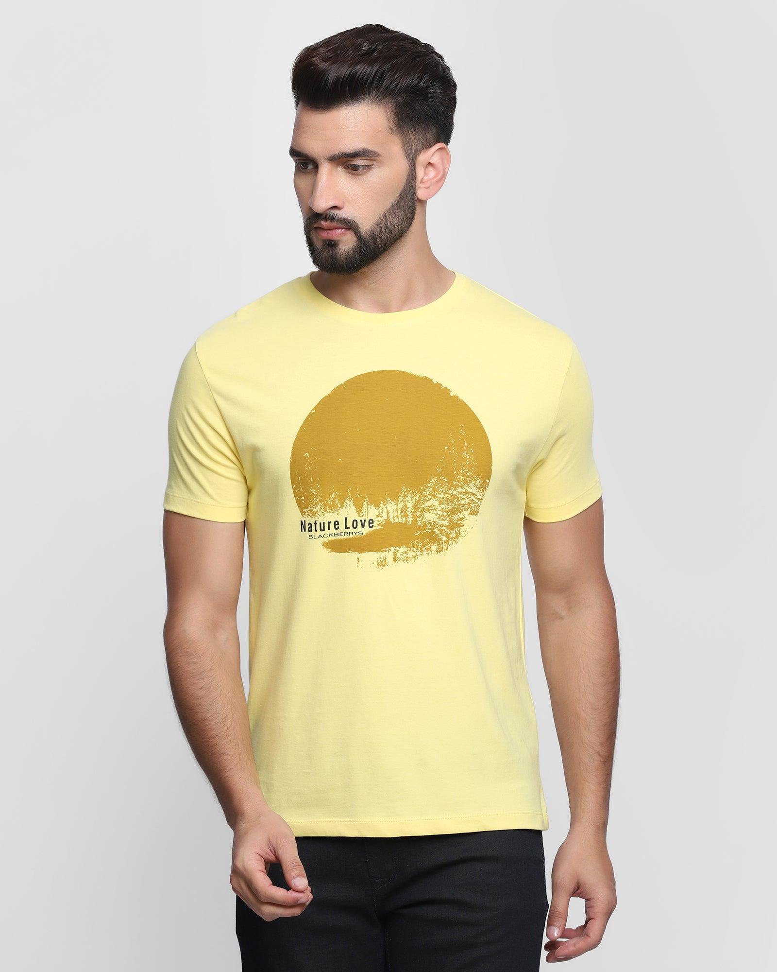 Crew Neck Bright Yellow Printed T Shirt - Forest