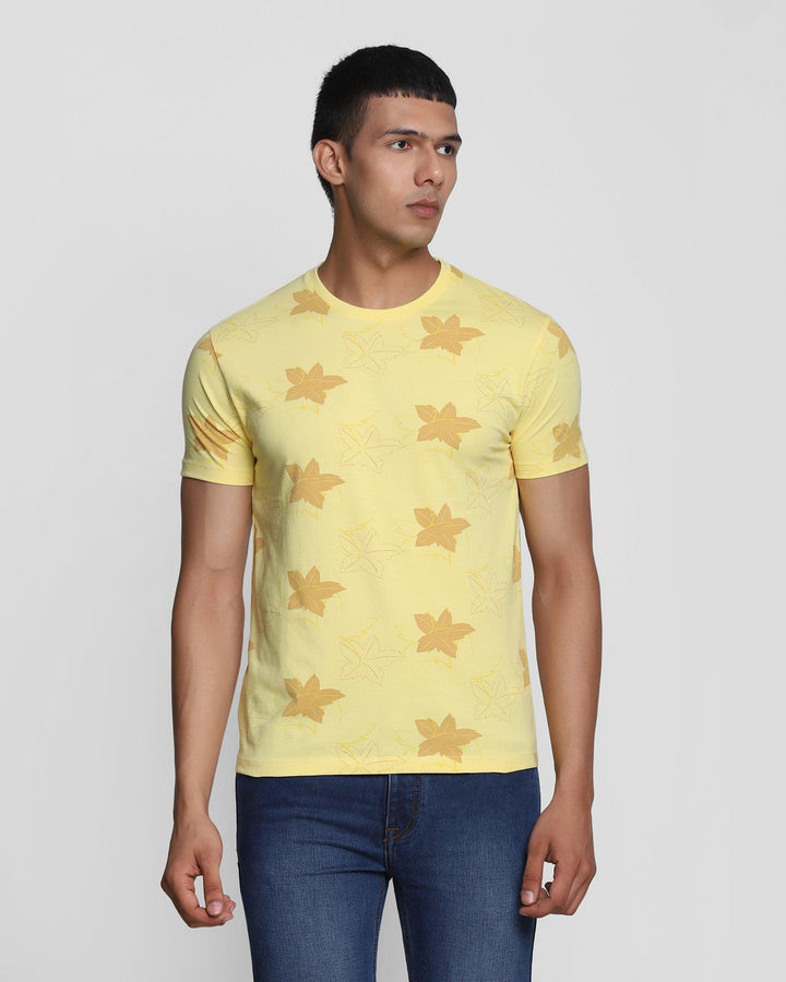 Crew Neck Bright Yellow Printed T-Shirt - Pointelle