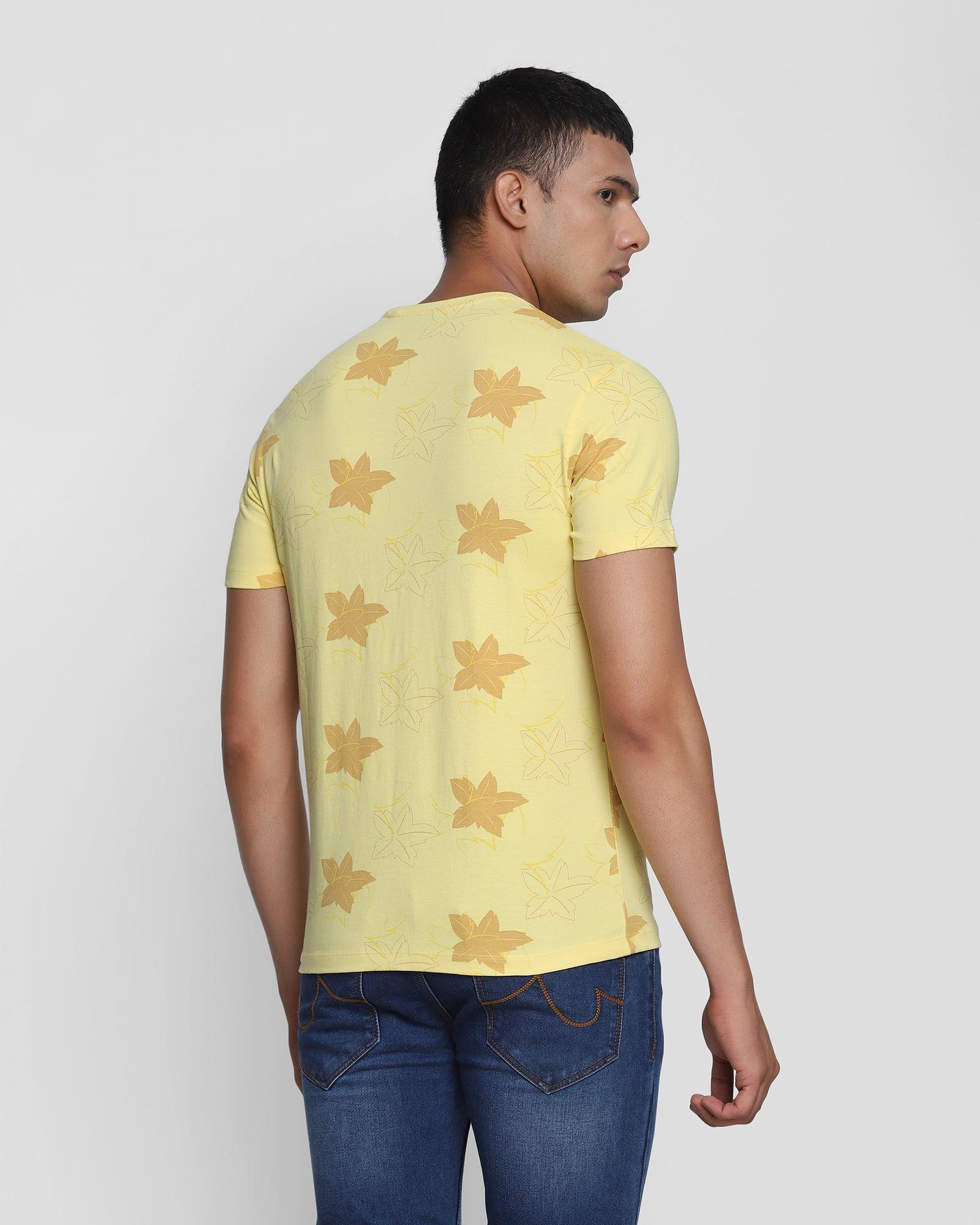 Crew Neck Bright Yellow Printed T Shirt - Pointelle