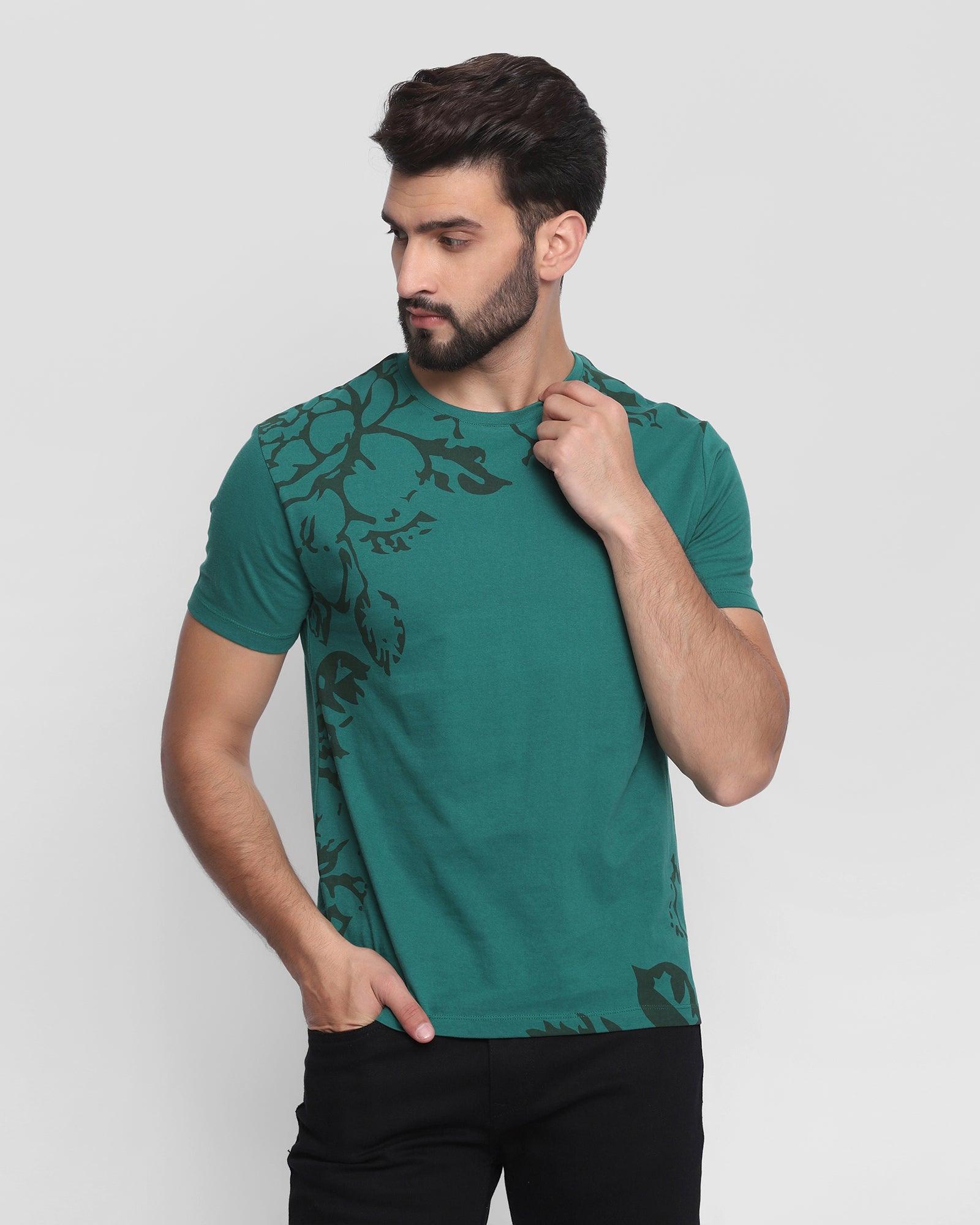 Crew Neck Forest Green Printed T Shirt - Adeane