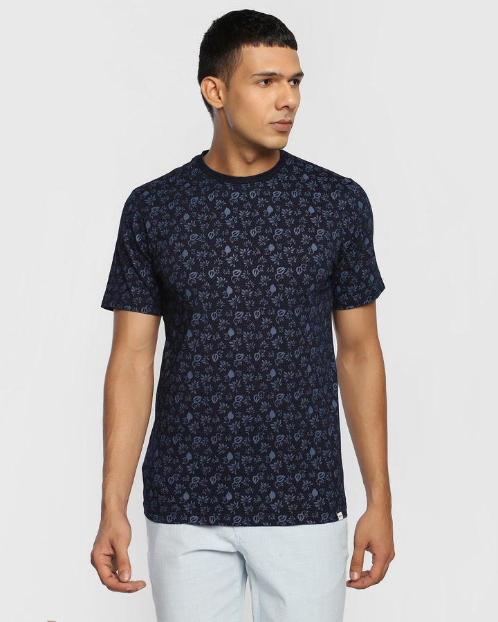 Crew Neck Indigo Printed T-Shirt - Indi