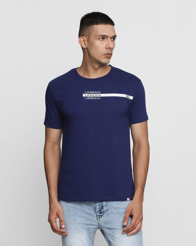 Crew Neck Ink Blue Printed T-Shirt - Shade