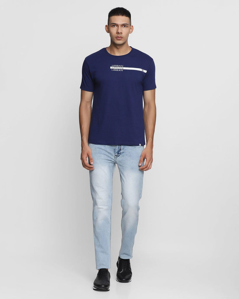 Crew Neck Ink Blue Printed T-Shirt - Shade