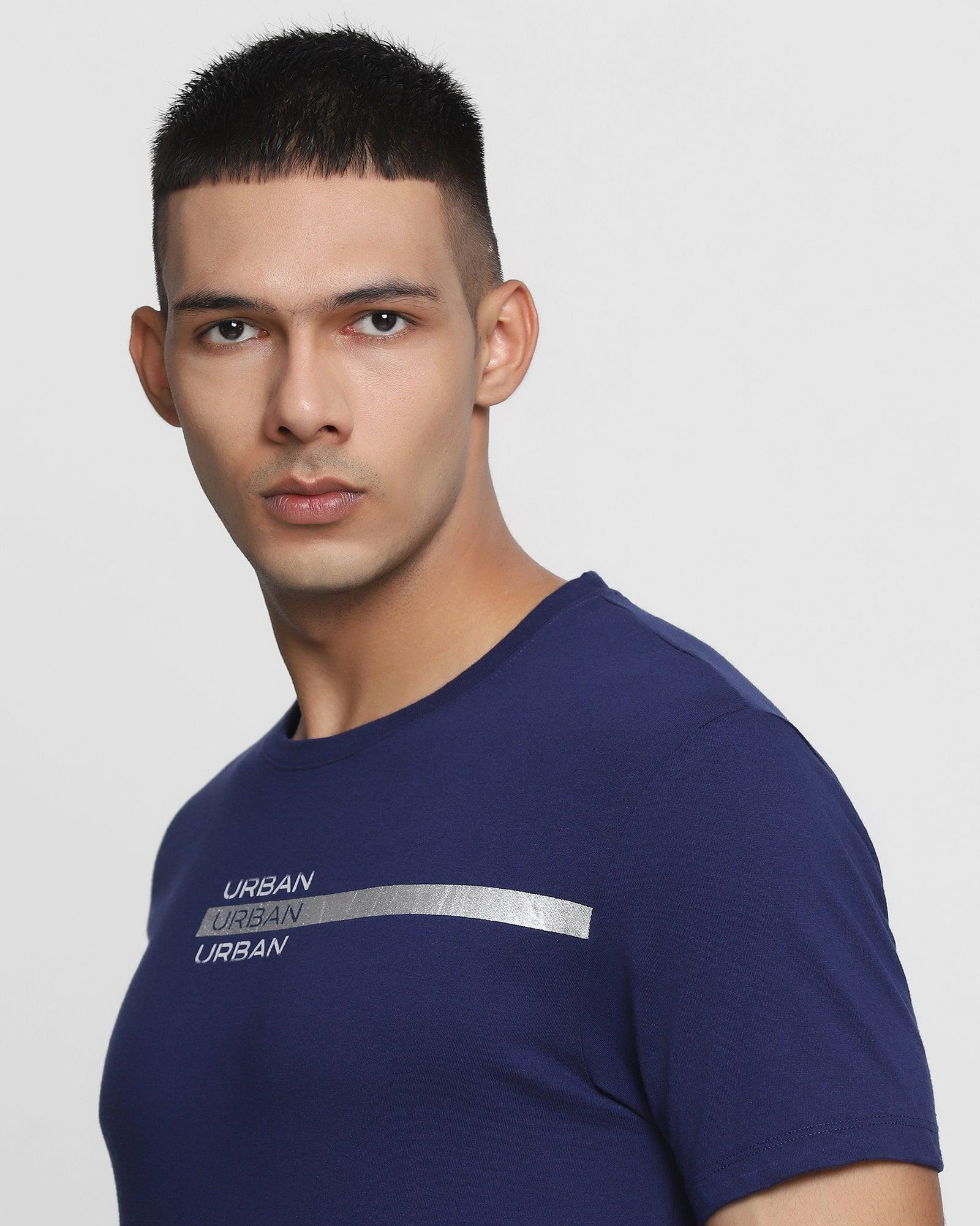 Crew Neck Ink Blue Printed T Shirt - Shade