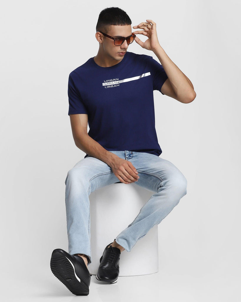 Crew Neck Ink Blue Printed T-Shirt - Shade