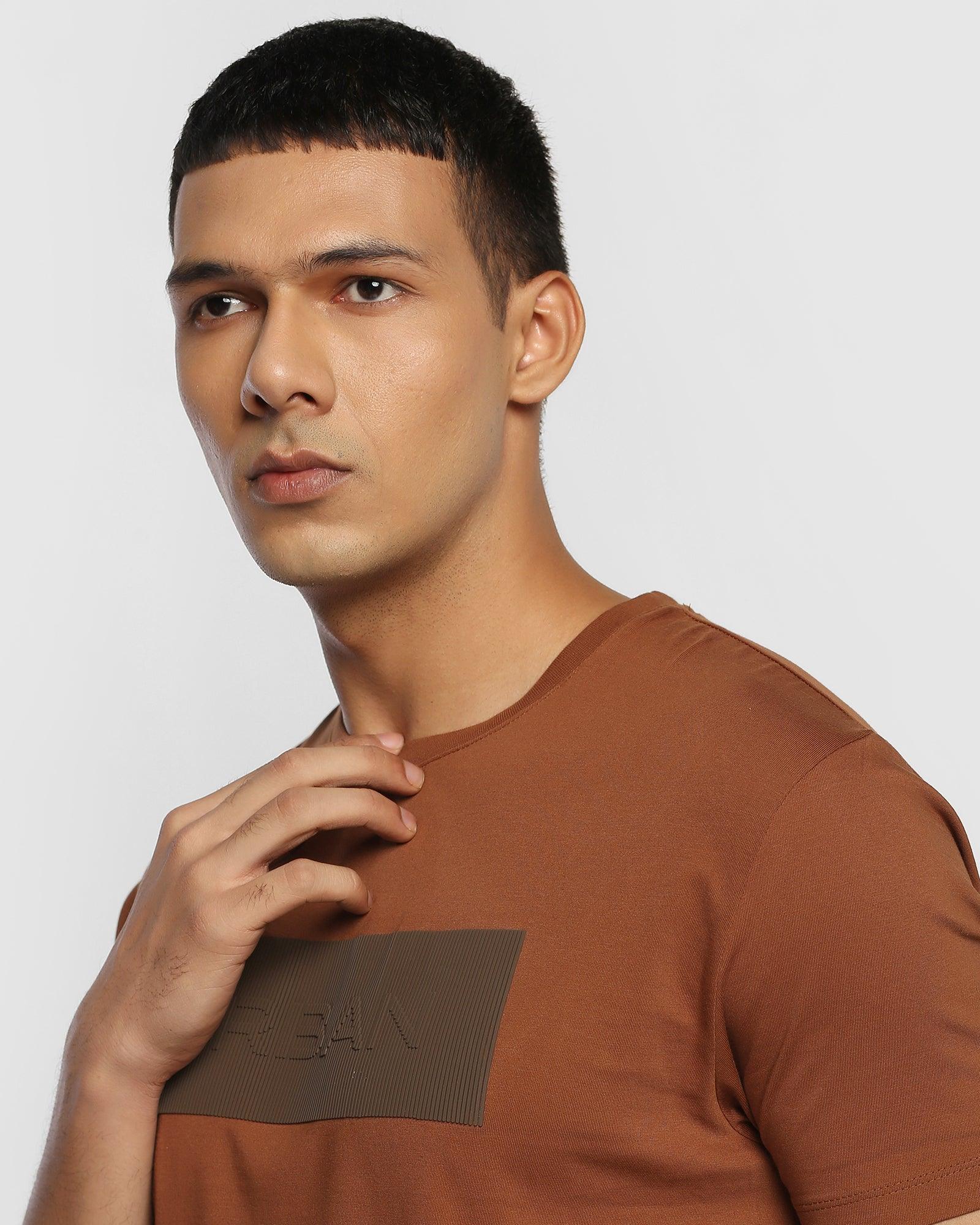 Crew Neck Mid Brown Printed T Shirt - Tap