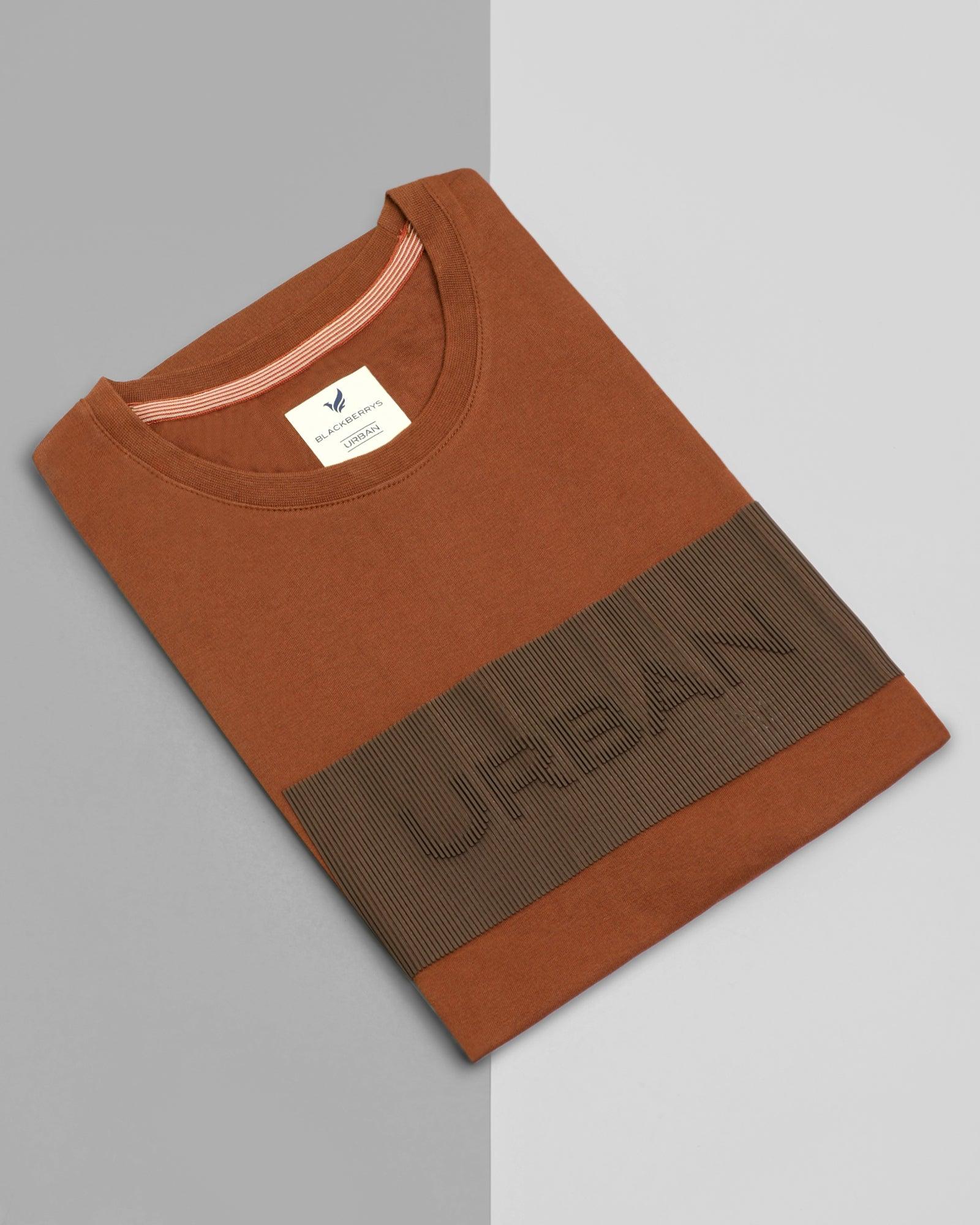 Crew Neck Mid Brown Printed T Shirt - Tap