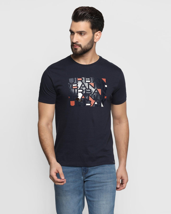 Crew Neck Navy Printed T-Shirt - Tile