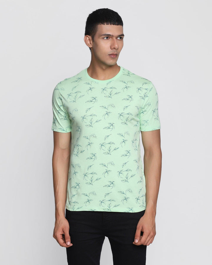 Crew Neck Pistachio Green Printed T-Shirt - Floid