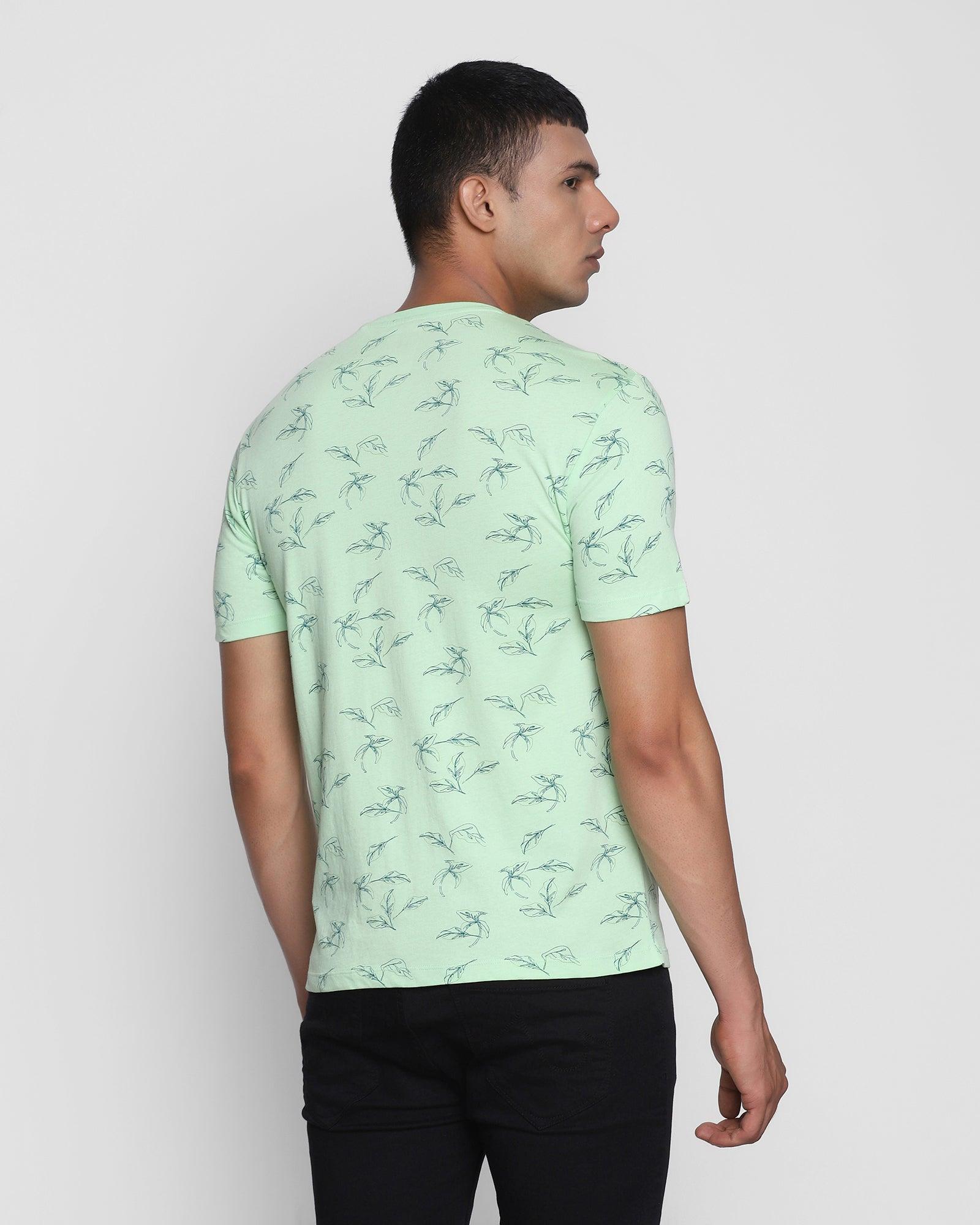 Crew Neck Pistachio Green Printed T Shirt - Floid