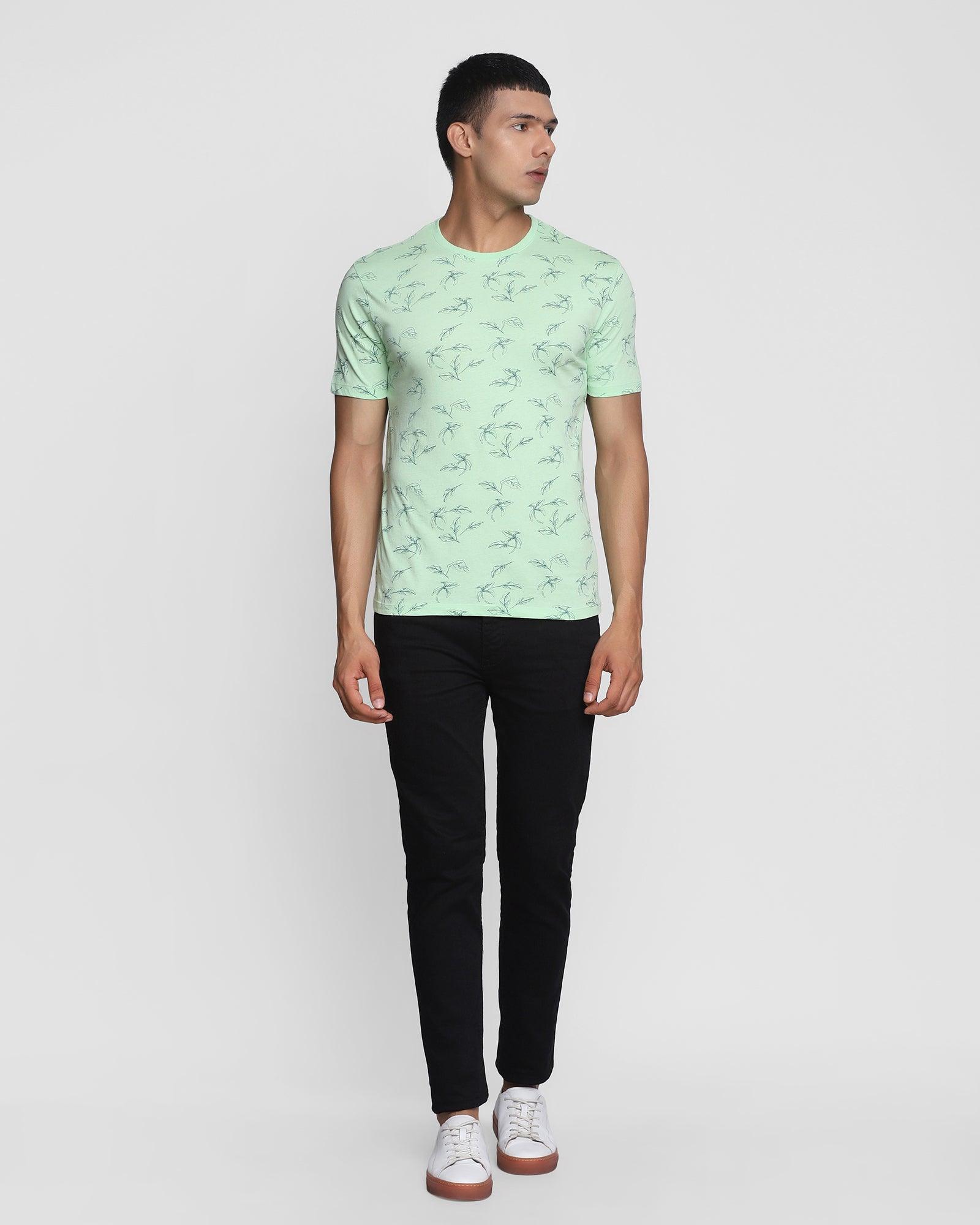 Crew Neck Pistachio Green Printed T Shirt - Floid