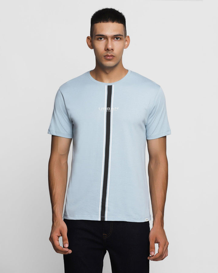 Crew Neck Powder Blue Printed T-Shirt - Clone