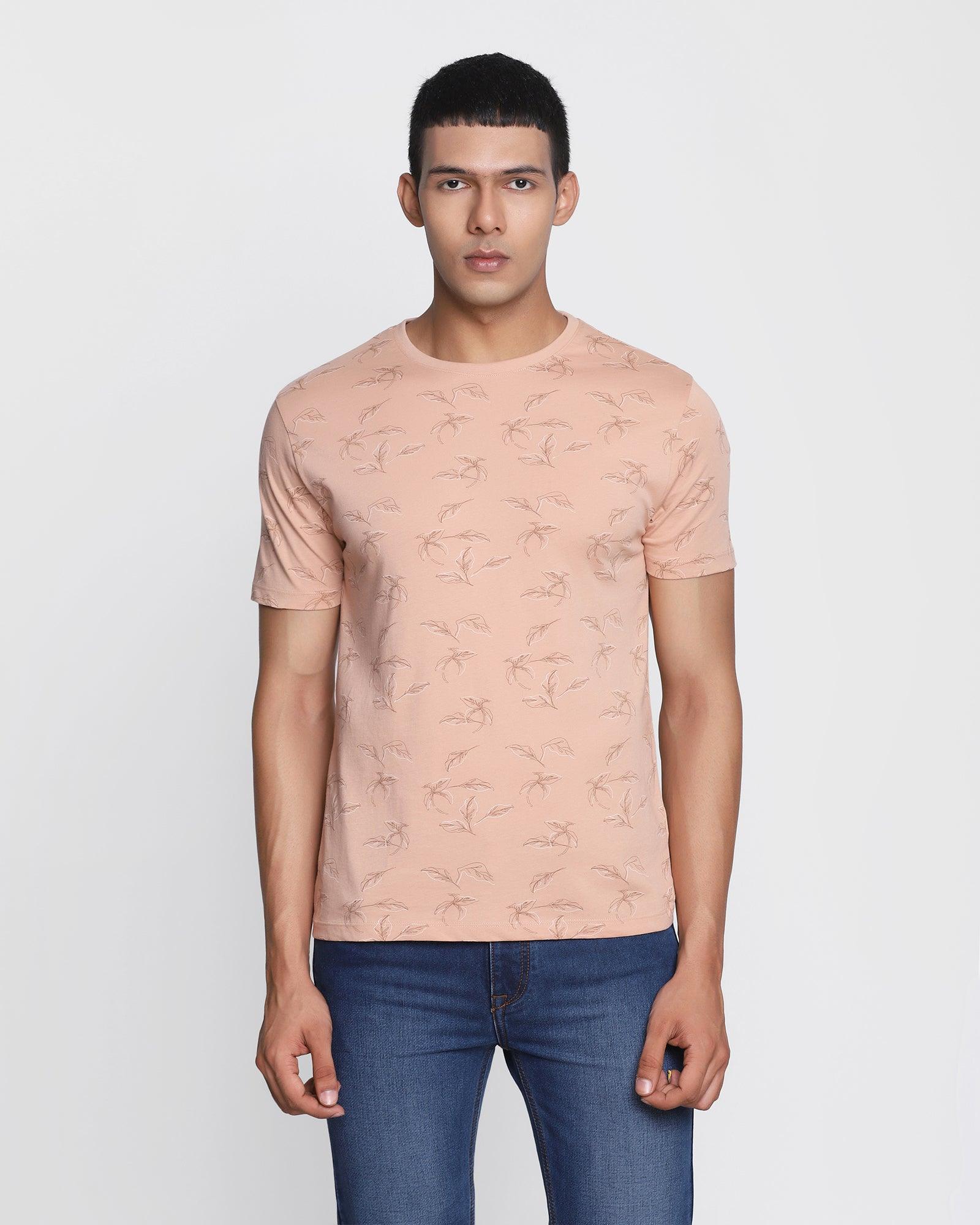 Crew Neck Sand Stone Printed T Shirt - Floid