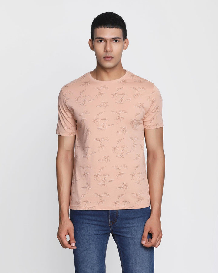 Crew Neck Sand Stone Printed T-Shirt - Floid