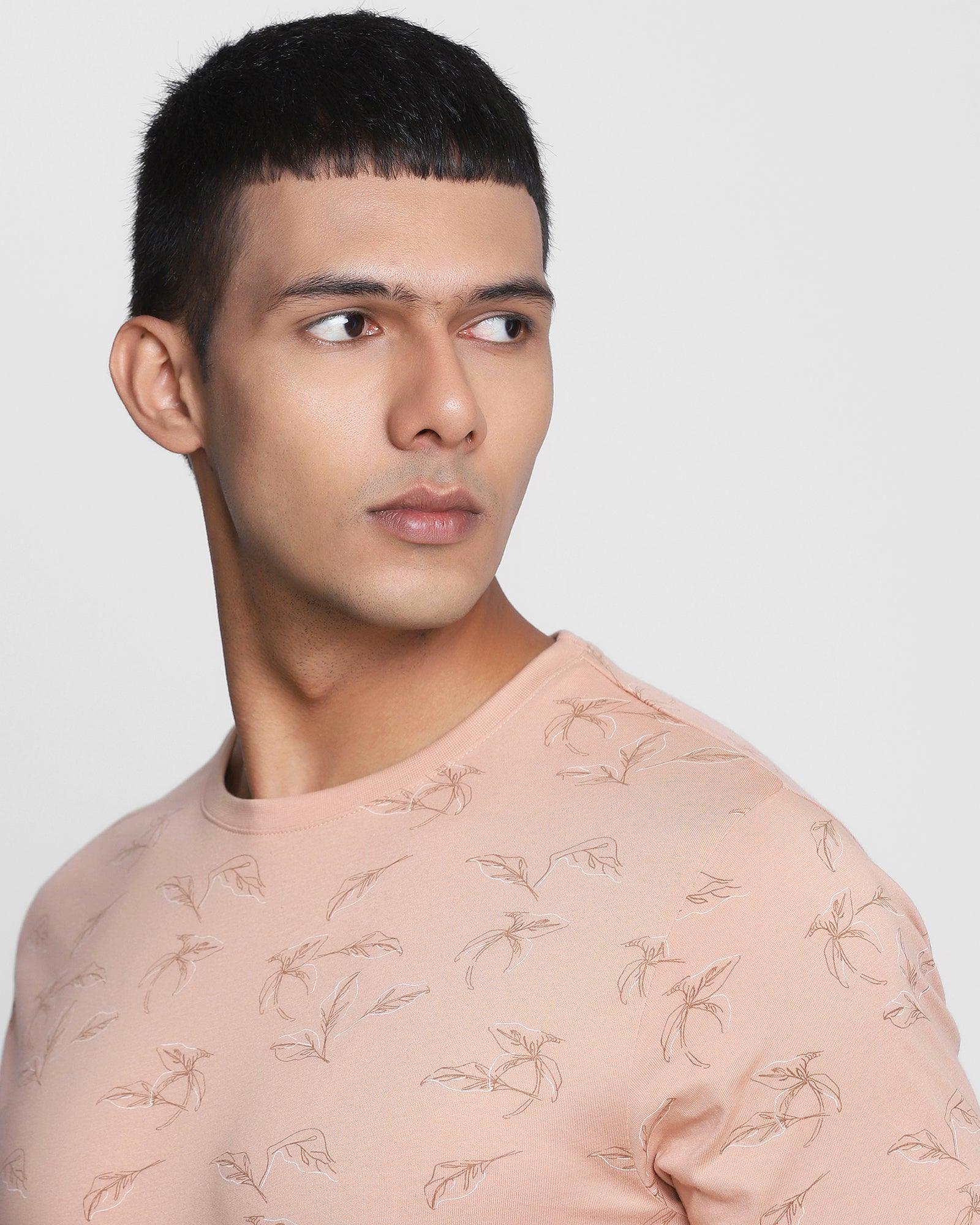 Crew Neck Sand Stone Printed T Shirt - Floid