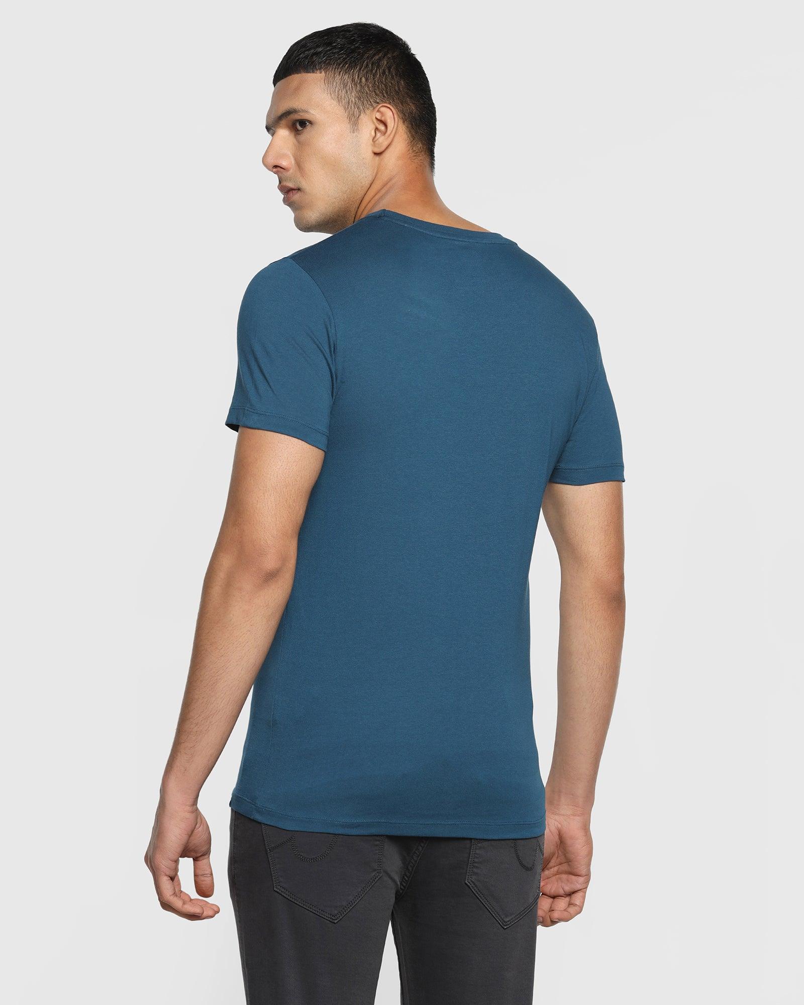 Crew Neck Teal Blue Printed T Shirt - Calvin