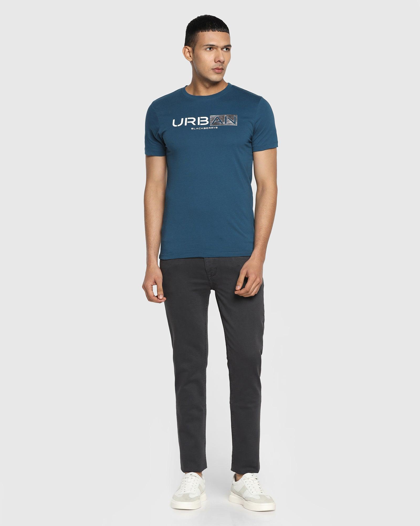 Crew Neck Teal Blue Printed T Shirt - Calvin
