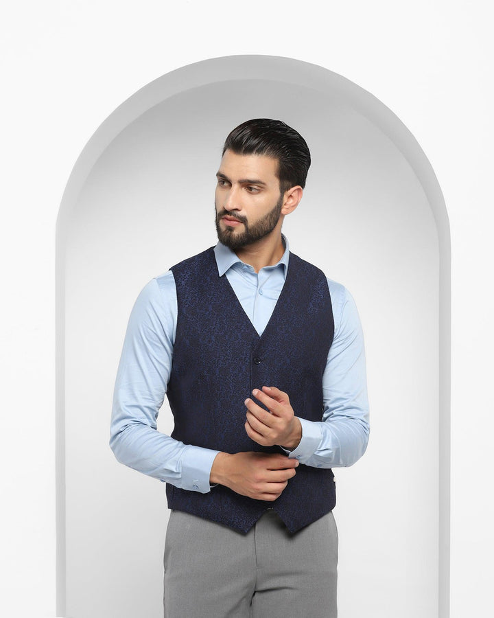 V-Neck Formal Navy Printed Waistcoat - Brino