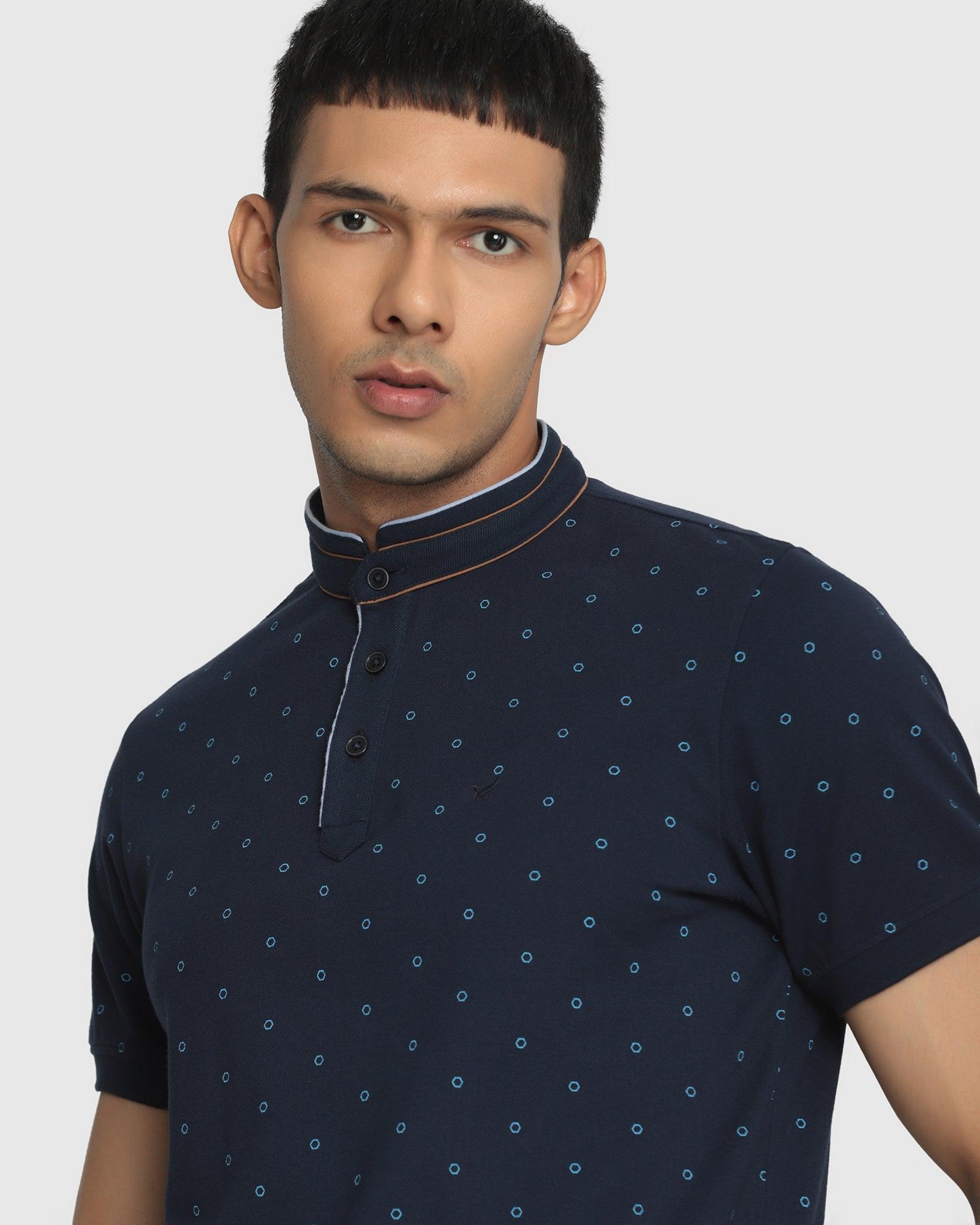 Mandarin Collar Navy Printed T Shirt - Francis