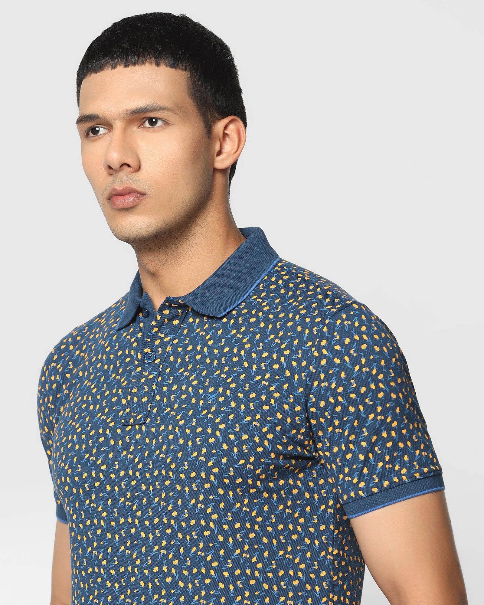 Printed Polo T Shirt In Deep Blue (Blossom) - Blackberrys