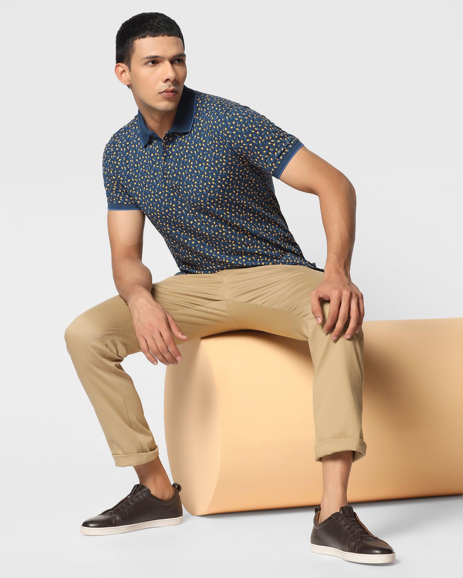 Printed Polo T Shirt In Deep Blue (Blossom) - Blackberrys