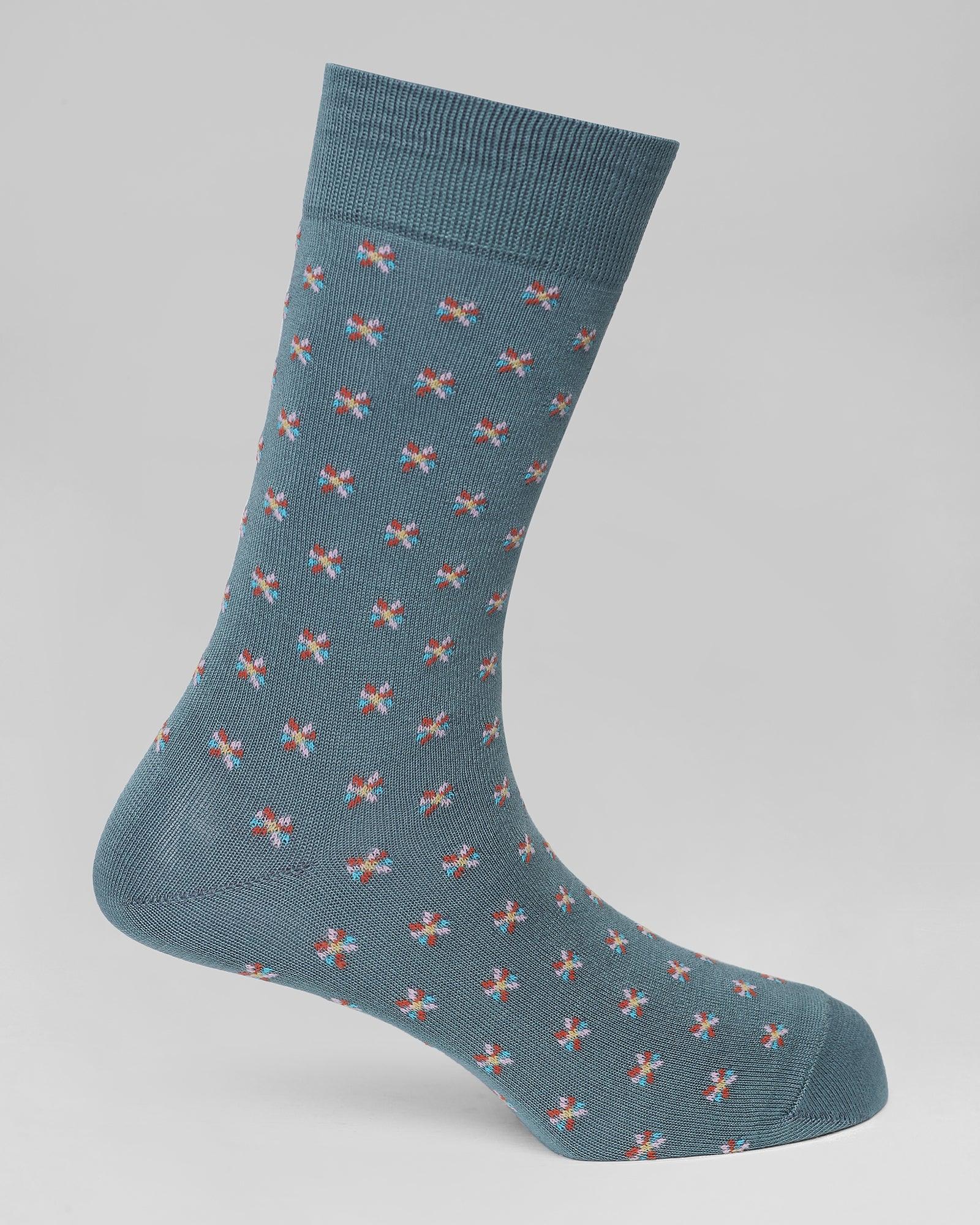 Cotton Teal Green Printed Socks - Osteen