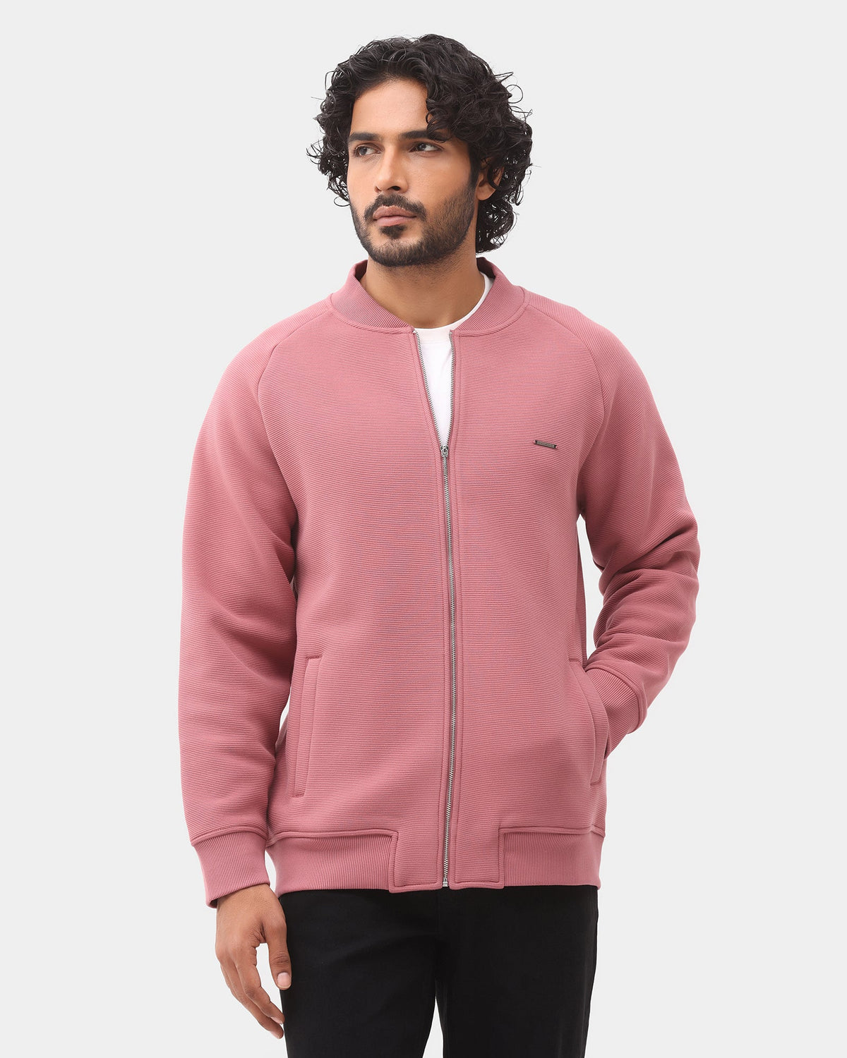 Rose Brown Bomber Neck Solid Sweatshirt - Messy