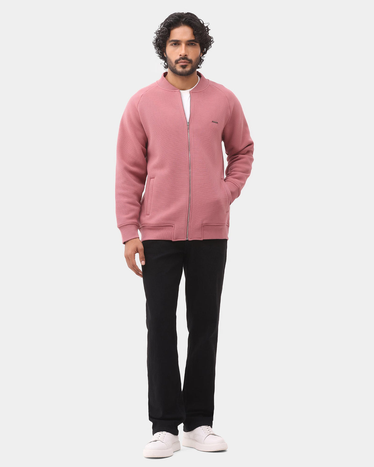 Rose Brown Bomber Neck Solid Sweatshirt - Messy