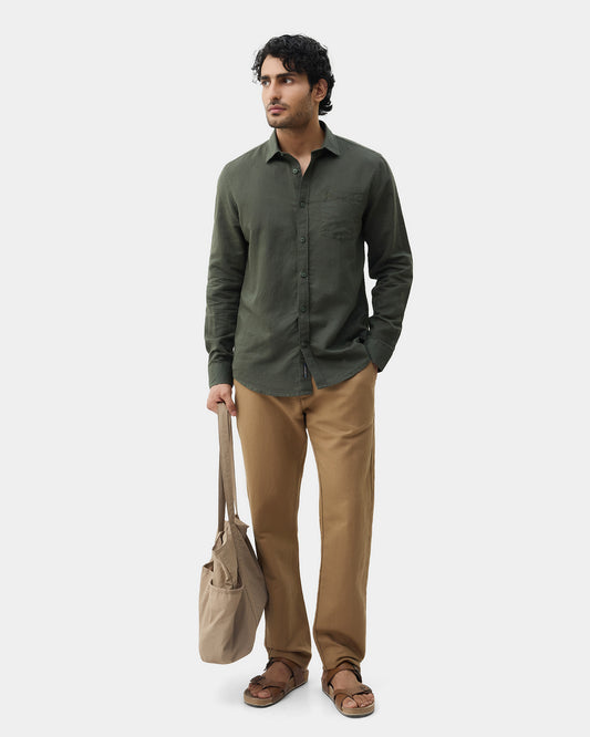 Olive Linen Solid Shirt - Salmon