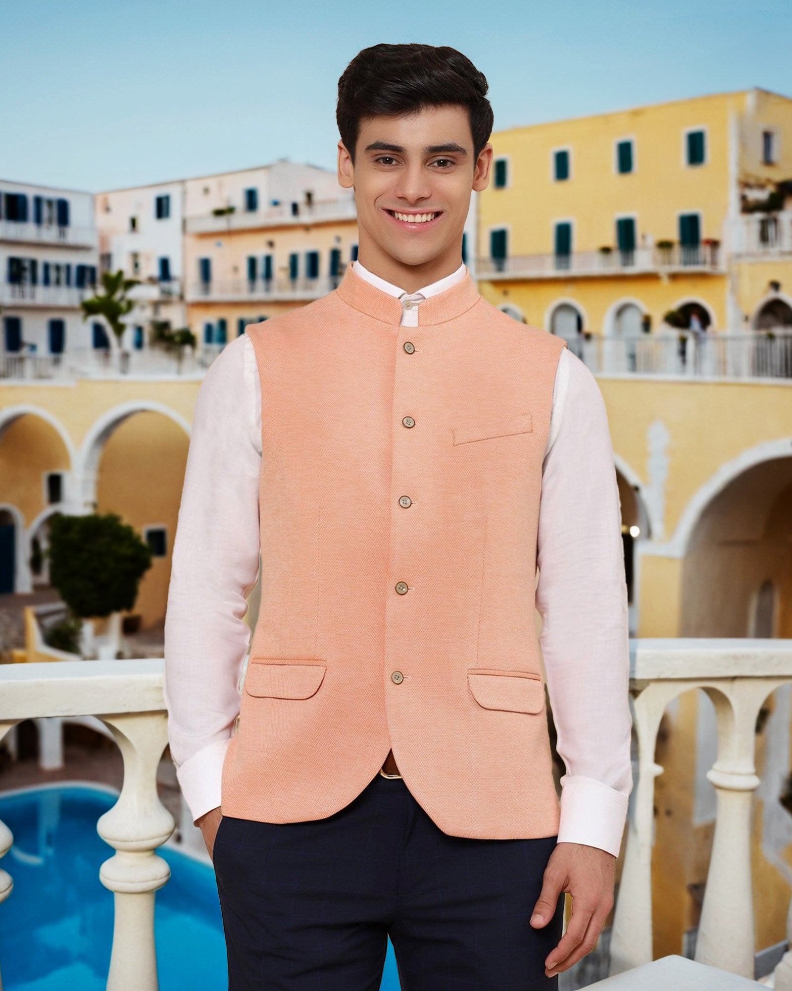 Bandhgala Formal Peach Textured Waistcoat Sable