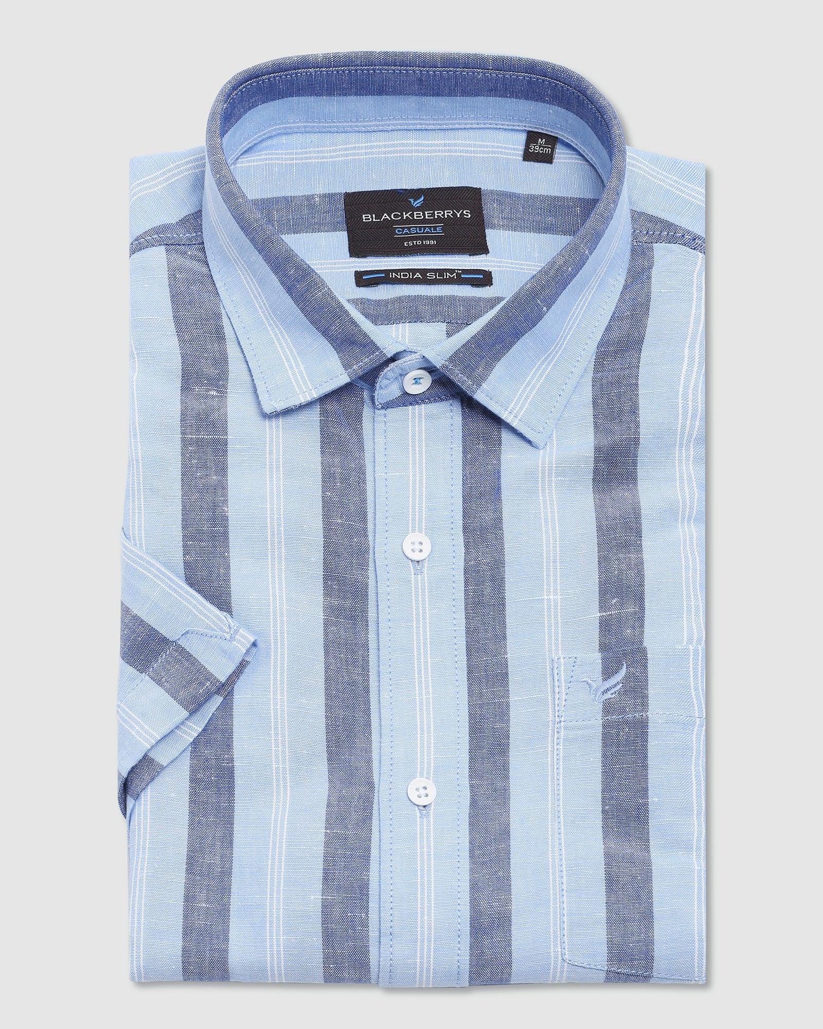 Linen Formal Half Sleeve Blue Striped Shirt - Kojima