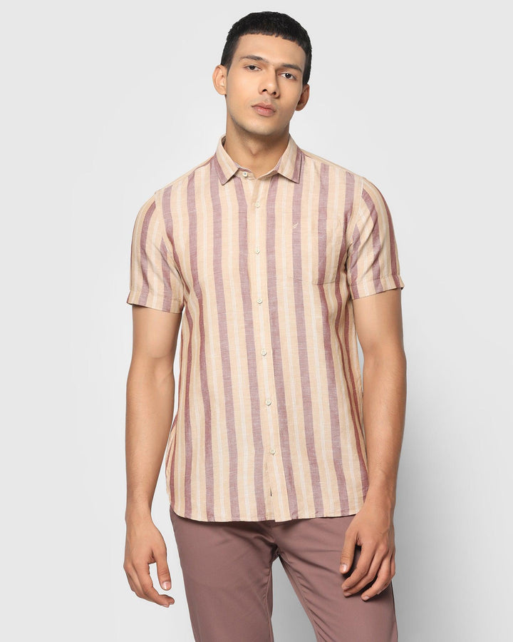 Linen Formal Half Sleeve Rust Striped Shirt - Kojima