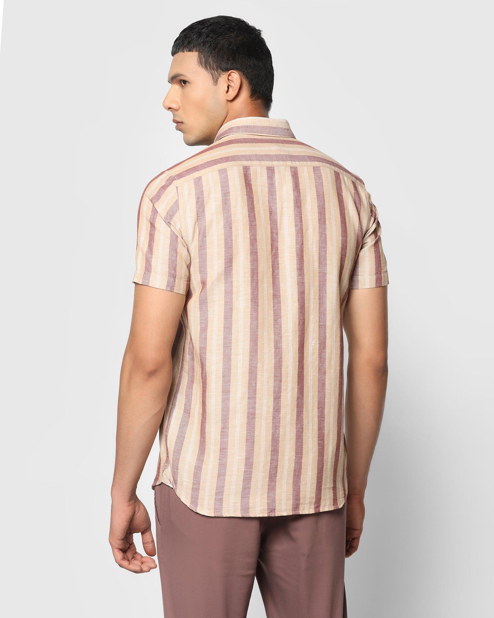 Linen Formal Half Sleeve Rust Striped Shirt - Kojima